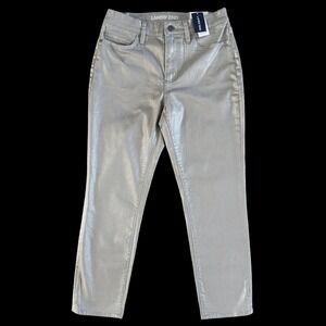 Lands End  6P Gray Metallic Foil High Rise Slim Ankle Jeans NWT Futuristic Cyber